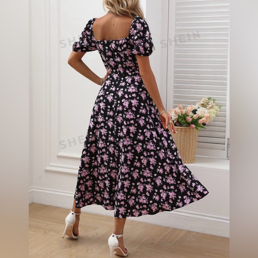 Black and pink floral puff sleeve midi sundress - Picture 2 of 9